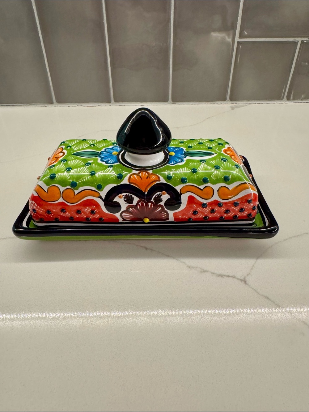 ‘Talavera’ Hand-Painted Mexican Pottery Butter Dish